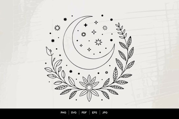 Download Celestial Moon Floral Line Art SVG - Premium Resources